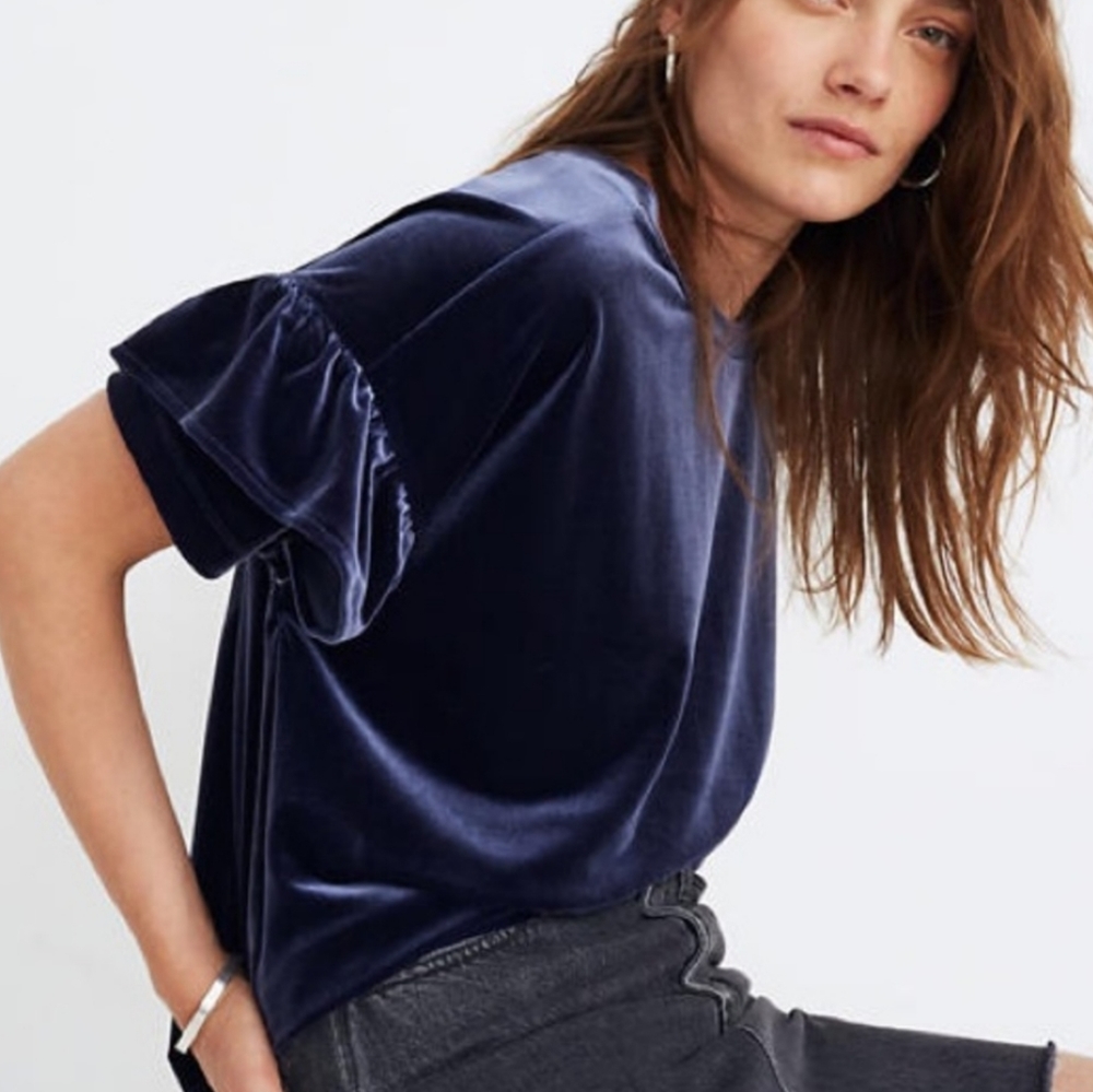 Madewell blue velvet ruffle sleeve top